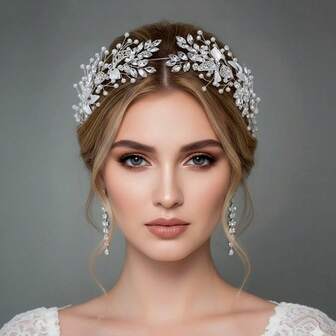 1件欧美风新娘婚纱礼服派对头饰，水钻叶子头饰，圣诞节礼物情人节配饰