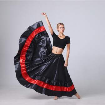 1 st svart & röd kontrastfärgad helcirkelklänning, dammagdans böljande bohemisk stil satin lätt sommarstrandklänning, elegant A-linjekjol