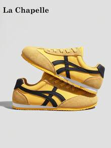 1双 La Chapelle 女士厚底系带软底休闲鞋，低帮户外平底鞋，圆头低跟纯色优雅软底徒步鞋，适合学生拍摄毕业照，女士低帮皮质运动滑板鞋 - 黃黑 - 查看 2