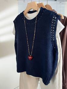 Wixra 休闲无袖上衣，镂空圆领，甜美设计，百搭背心，居家及日常穿着皆宜，春夏款 - 藏蓝色 - 查看 1