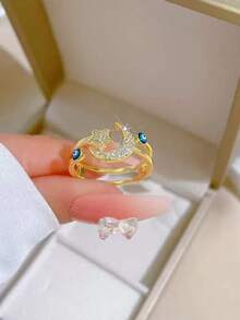 1pc Moon, Star & Eye Rhinestone Decor Adjustable Ring, Elegant & Shiny Jewelry Gift Suitable For Men & Women, Daily Wear & Festivals - Multicolor - View 2