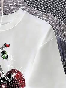 Tween Girls' Cherry Print Round Neck Casual Everyday Short Sleeve T-Shirt - White - View 4