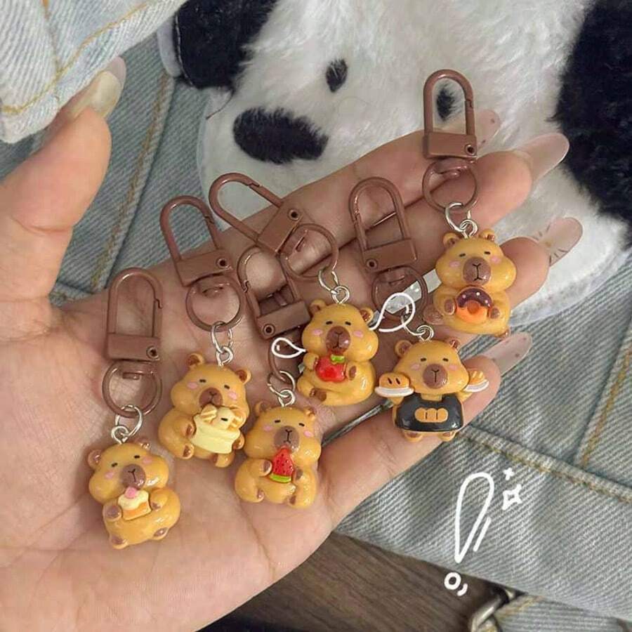 2个装 2025新款贪吃水豚钥匙扣，可爱学生背包挂件，卡通好朋友礼物，生日、男孩、女孩、圣诞节的完美之选 - 彩色 - 查看 1