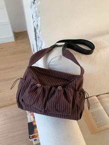 Lightweight Foldable Plaid Shoulder Bag, Casual Versatile Multi-Pocket Sweet Style Crossbody Bag, Suitable For School, College, Shopping, Short Trip, Zipper Closure, Drawstring, Pleated Crescent Design - Multicolor - View 14