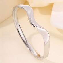 1件装不锈钢时尚波浪纹百搭简约铰链手镯，适合作为情人节礼物 - 波浪紋手鐲 - 查看 4