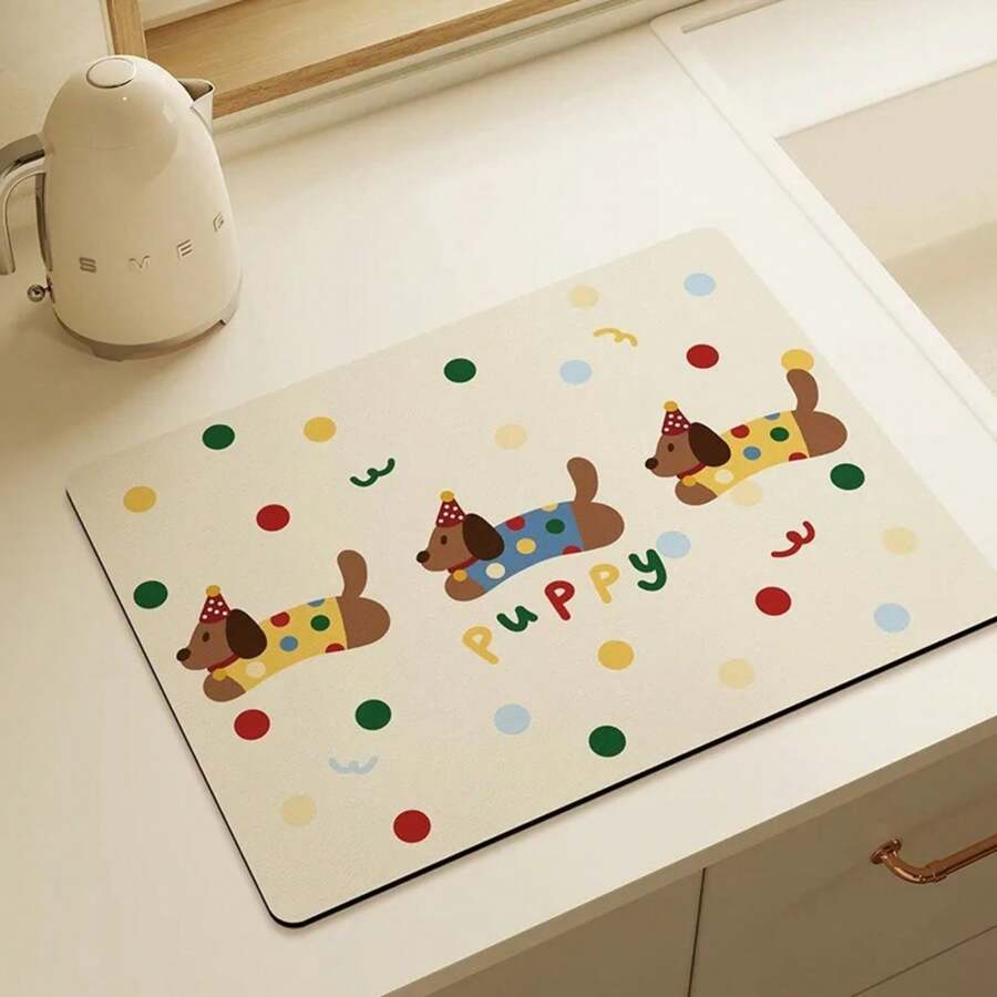 Estera de secado de cocina con diseño de fiesta de cachorro, estera absorbente para encimera de tierra de diatomeas para el hogar, almohadilla para olla resistente al calor, estera para Bar y tazas - 1 - Ver 1