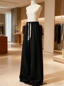 Women's Loose Fit Drawstring Waist Casual Wide Leg Pants, Everyday Wear