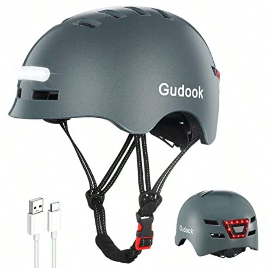 BMX HelmetCasco de Bicicleta para Adultos con luz - Cascos de Bicicleta para Hombre y Mujer - Luces LED Delanteras y traseras Ajustables para Ciclismo Urbano Scooter y Viajes Diarios - Plato de cerdo brillante - Ver 1