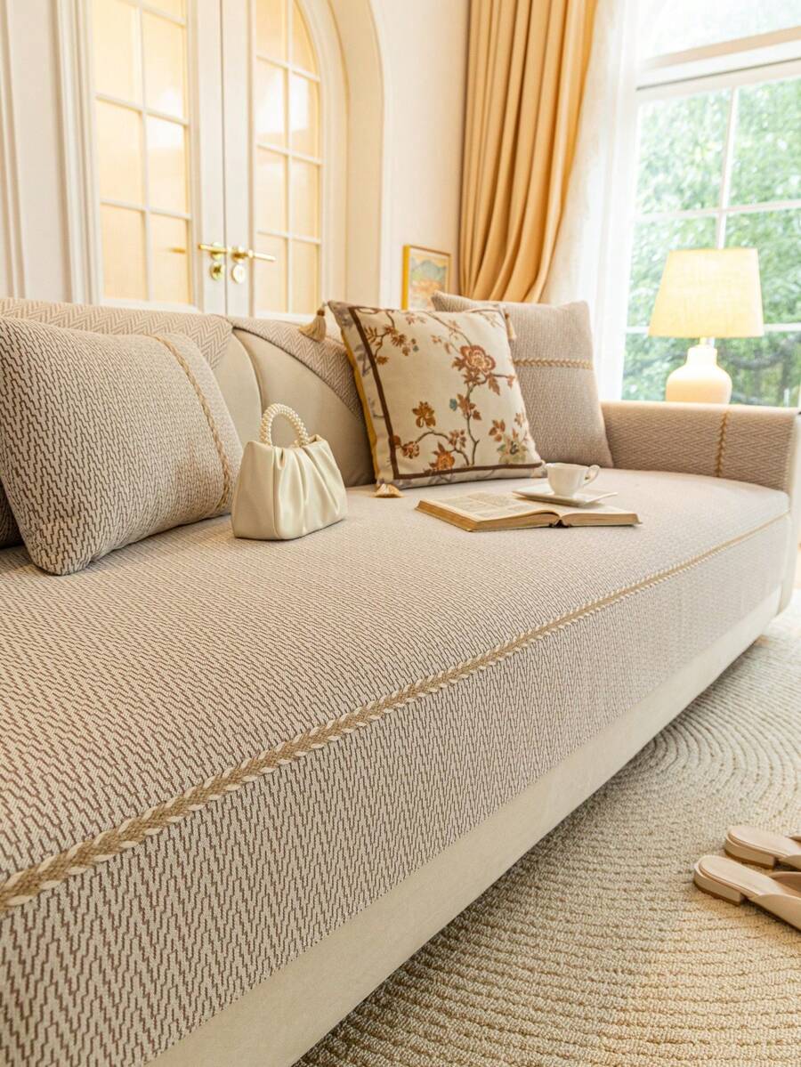 1pc Chenille Jacquard Sofa Cushion Cover, Lightweight & Luxurious, Minimalist & Fashionable Sofa Slipcover, Anti-Slip, Anti-Dust, Anti-Scratch, Protect Sofa, Suitable For All Seasons, Bedroom, Living Room And Study - Khaki - View 1