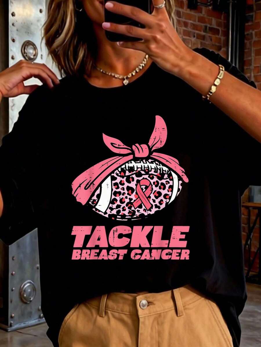 Camiseta de Concientización sobre el Cáncer de Mama con Cinta de Fútbol para Mujeres, Hombres y Niños 2026 nuevas camisetas impresas para mujeres, estilos populares, camisetas de primavera para mujeres, camisetas de invierno, camisetas de para mujeresás vendidas - Negro - Ver 1