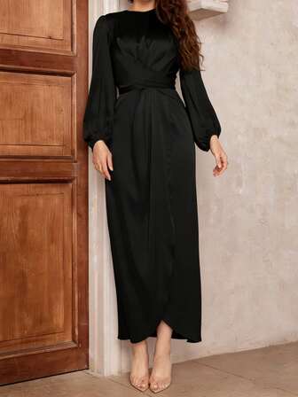 Women's Black Elegant Dignified Waist Cinched Satin Arabic Traditional Dress, Quick Ship