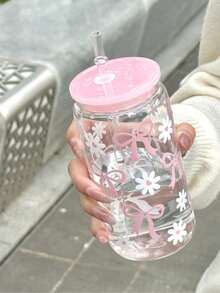 16oz Charming Pink Bow & Heart Pattern Glass Cup With Straw And Lid, Plastic Material, High Quality Reusable, Suitable For Juice, Coffee, Beer - Ideal Birthday Or Holiday Gift - Multicolor - View 3