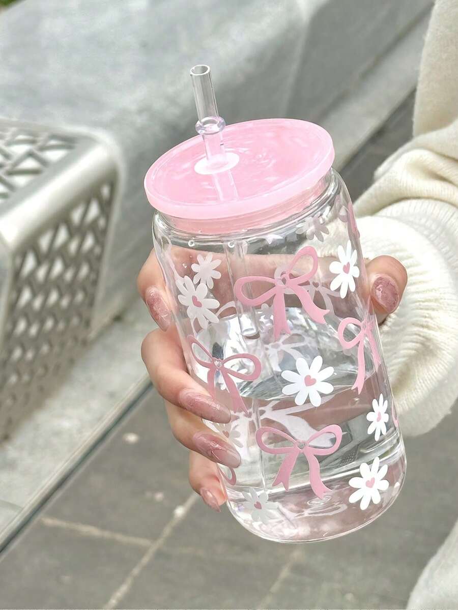 16盎司粉色蝴蝶结爱心图案玻璃杯,带吸管和杯盖,塑料材质,高品质可重复使用,适用于果汁、咖啡、啤酒——理想的生日或节日礼物 - 彩色 - 查看 1