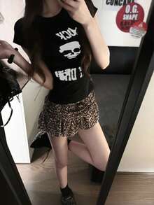 Women's Round Neck Short Sleeve T-Shirt American Hot Girl, Summer New Skeleton Pattern And Letter Print, Slim Fit Fashion Cropped Top - Black - View 1