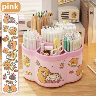 360° roterande skrivbordsorganisatör med söt kapybaradesign - Stor förvaringslåda för smink och kontorsmaterial, bärbar skrivbordsorganisatör för kontor och skönhetsprodukter