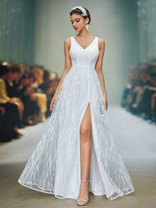 Anpoket 新款 V 领女士婚纱，刺绣腰带，高开衩长裙，白色连衣裙 - 白色 - 查看 6