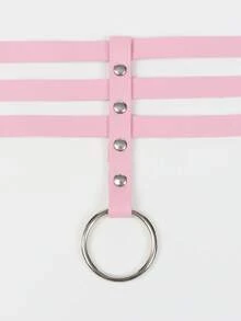 Women's Stylish Edgy Pastel Pink Collar - Multi-Strap Metal Ring Decor Cool Collar, Halloween Carnival Dance Party Outfit Accessory Collar - Pink - View 6