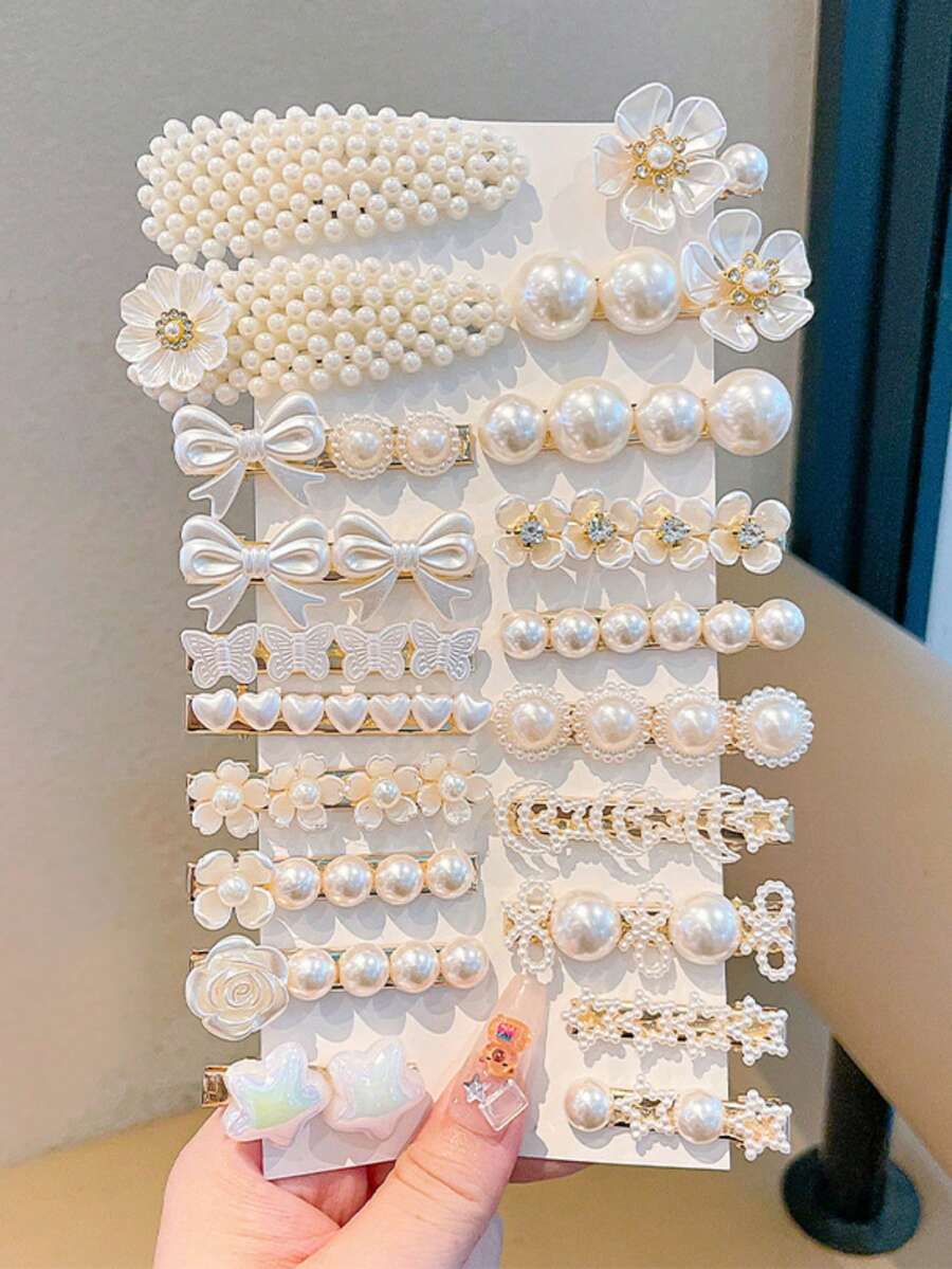 20pcs Elegant Women's Hair Clips, Faux Pearl Floral & Heart Design, Versatile Styles For Daily And Party Wear, Recommended Gift For Back To School Season (No Card Included),Travel,Birthday - Multicolor - View 1