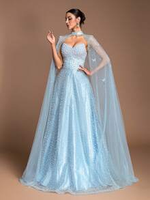 Women's Elegant Beaded & Backless Design Strapless Ballgown, Pearl Embellished Mesh Shawl Halter Maxi Evening Dress - Blue - View 6