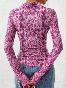 Women Button Down Floral Shirts  Fall Long Sleeve V Neck Ruched Fitted Mesh Blouse Tops Date Outfits Valentine's Day Vacation Fall Clothes For Women - Purple Leopard Print - View 2