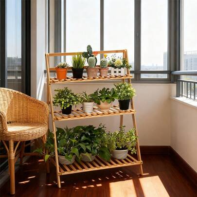 Folding Flower Pot Stand, 3 Tiers Garden Planter Display Ladder Flower Pot Storage Shelves Rack For Balcony Patio Small Porch (Wood Color)