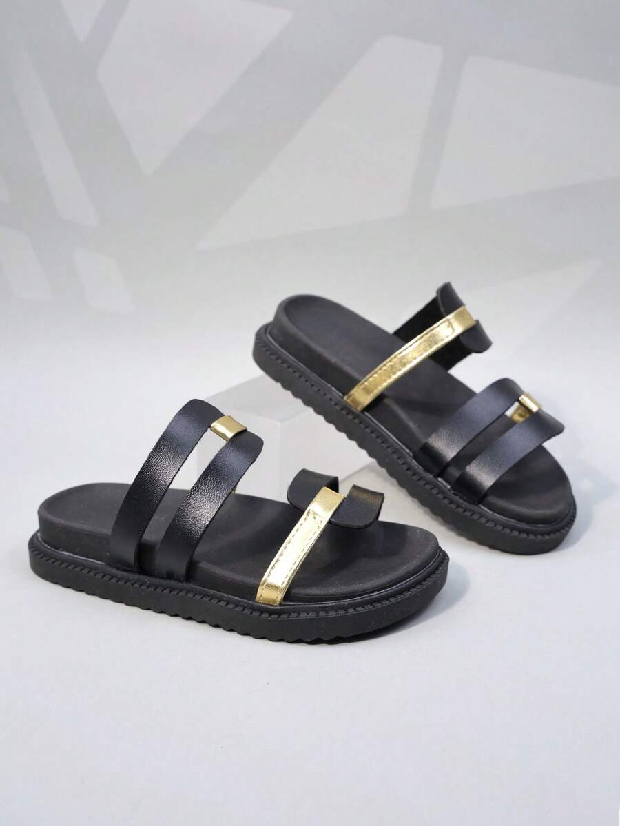 Adjustable Buckle Kids Slippers | Unisex Toddler/Little Kids Soft EVA Non-Slip Slides | Simple Open Toe Flat Sandals, Suitable For Daily Home/Beach/Casual Wear - Black - View 1