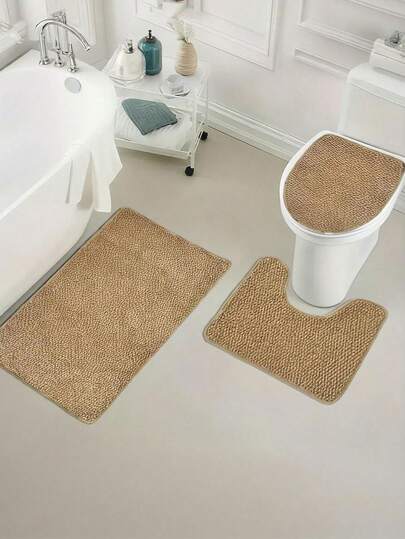 1/3pcs Minimalist Style Beige Carpet, Bathroom Decorative Toilet Mat Set, Soft Bathroom Rug Carpet Including Bath Mat, U-Shaped Mat, Toilet Lid Cover, Machine Washable, Suitable For Bathroom Shower Area, Vanity Area, Multi-Purpose Rug, Durable For All Seasons, Great Gift Idea For Holidays, Autumn Decor
