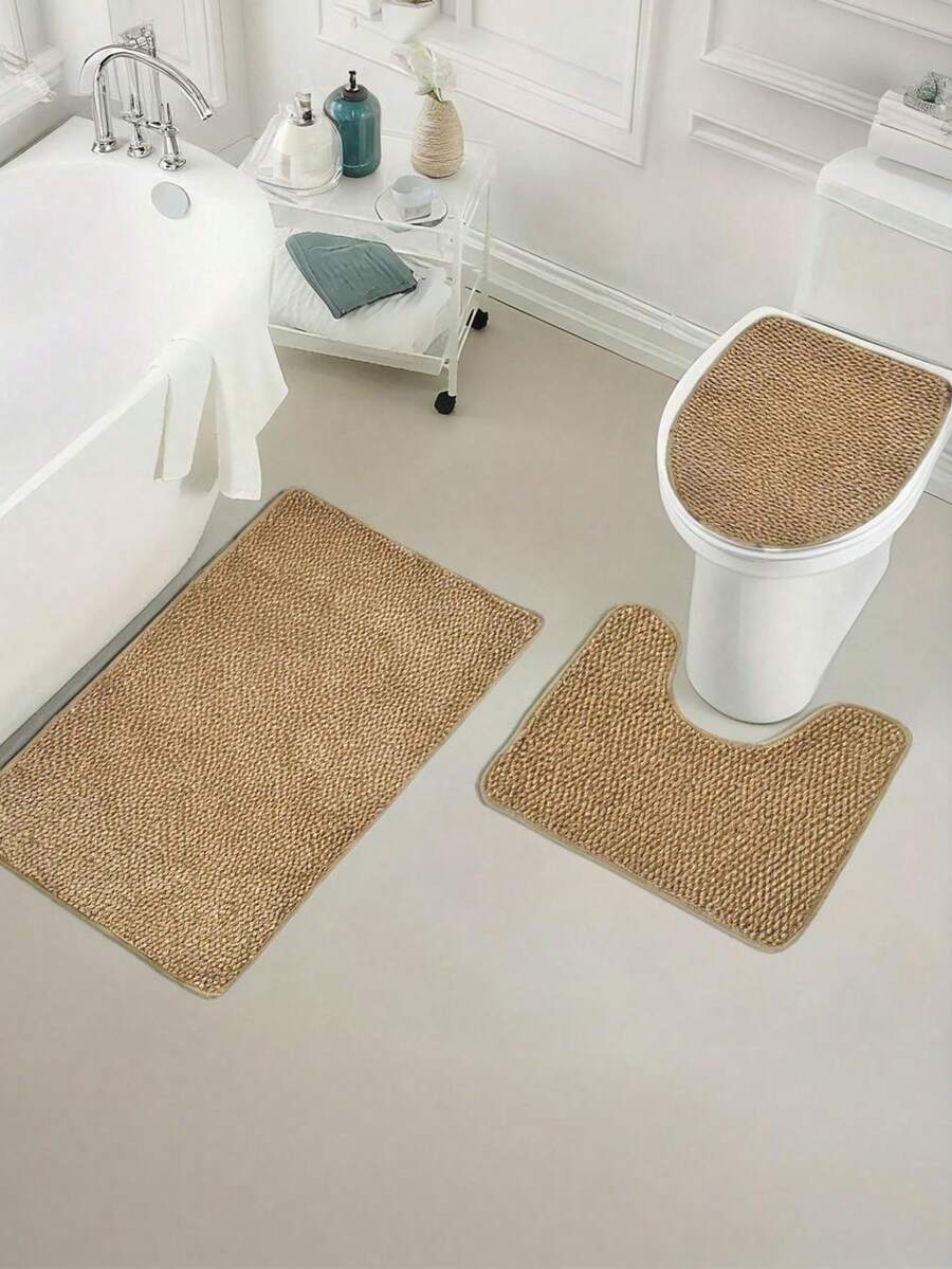 1/3pcs Minimalist Style Beige Carpet, Bathroom Decorative Toilet Mat Set, Soft Bathroom Rug Carpet Including Bath Mat, U-Shaped Mat, Toilet Lid Cover, Machine Washable, Suitable For Bathroom Shower Area, Vanity Area, Multi-Purpose Rug, Durable For All Seasons, Great Gift Idea For Holidays, Autumn Decor - Beige - View 1