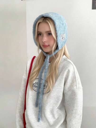 1pc Vintage Patch Label Knitted Ear Muffs, Women's Tie-Up Wool Ear Warmers With Ear Protection, Fashion Versatile Cold-Proof Ear Muffs, Autumn/Winter Outerwear Accessory