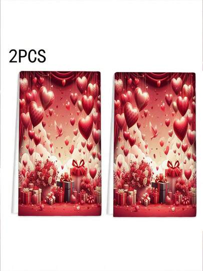 2pcs Valentine's Day Gift Celebration Kitchen And Bathroom Towels - Soft Polyester Dish Cloths, Balloon Gift Heart Shape Design, Great For Housewarming, Machine Washable, Perfect For Valentine's Day Gifts, Valentine's Day Gift | Romantic Gift Ideas | Polyester Dish Cloths