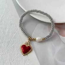 1 chiếc vòng tay bằng thép titan hình trái tim bất đối xứng sang trọng, tinh tế, đính ngọc trai nước ngọt, thích hợp làm quà tặng cho cặp đôi nữ trong các dịp lễ hội, phù hợp để tặng quà hàng ngày, tụ họp, hẹn hò, lễ hội. Trang sức màu đỏ. - Đỏ - Xem 10