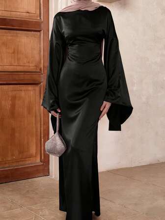 女士纯色优雅喇叭袖阿拉伯风格连衣裙，适合日常、正式场合、晚宴穿着，不含头巾，快速发货