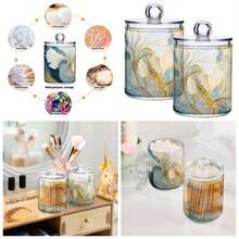 - Paquete de 4 tarros de plstico para boticario de algodn con flores blancas, diseo de mrmol, color azul - Patrón de mármol azul flor blanca + Paquete de 4 - Ver 1