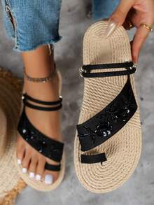 Handmade Beaded 3D Floral Thick Bottom Women's Sandals, Summer Bohemian Style Woven Lightweight Soft Bottom Slippers, Women's Adjustable Ankle Strap Beach Flip Flops - Black - View 11