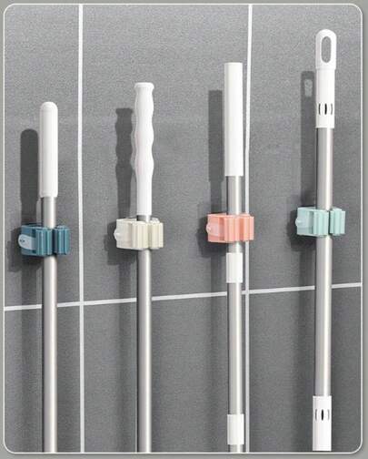1PC, Broom And Mop Holder Clip Mop Broom Wall Mounted Heavy Duty With Plastic Hooks Hanger No Drilling Mop Gripper For Home Bathroom Kitchen, RANDOM COLOR