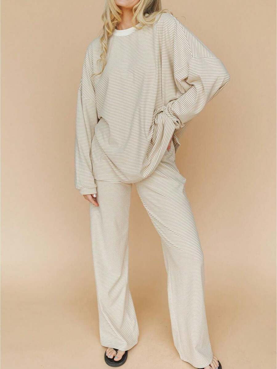 Women's Striped Oversized Loungewear Set - Long Sleeve Top  Wide-Leg Pants Two-Piece - Apricot - View 1