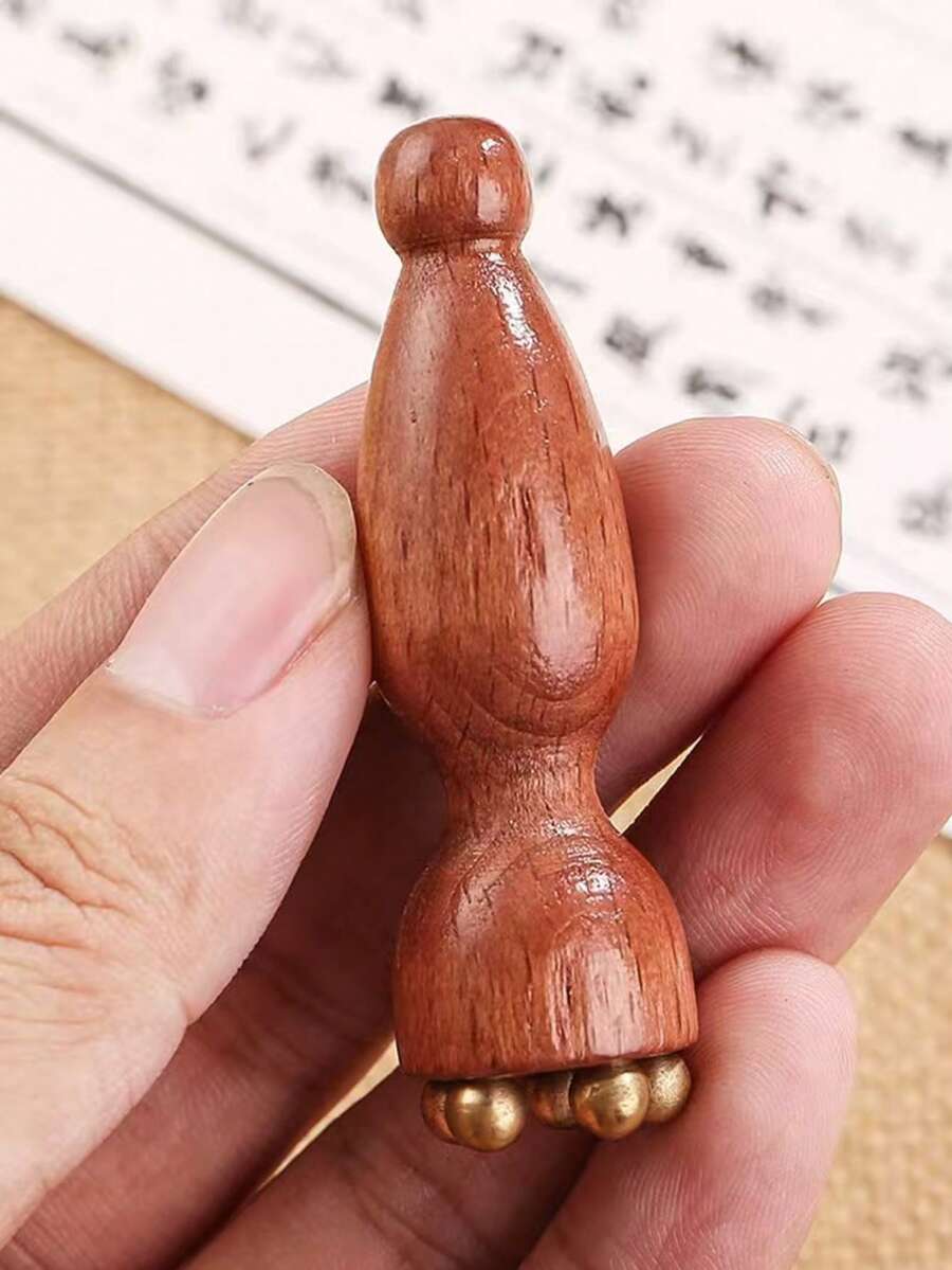 迷你莲花刮痧面部按摩器 - 眼部和面部穴位按摩器，纯黄铜材质，红木手柄，具有抗衰老、放松和护肤功效 - 彩色 - 查看 1