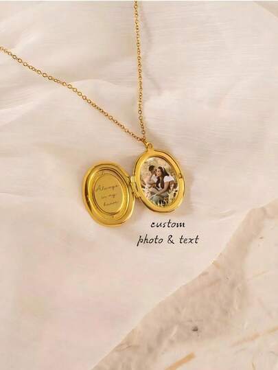 Custom Photo Locket Necklace,Engraved Birth Flower Locket,Oval Folding Photo Locket Jewelry,Memorial Gift For Mom,Valentine Day Gift For Her