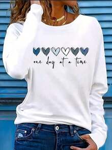Women'S Casual Loose Fit Long Sleeve Crew Neck T-Shirt-Women's Plus Size Casual Round Neck Long Sleeve T-Shirt, Heart Pattern Printed T-Shirt, One Day At A Time Slogan Printed Top, Suitable For Autumn Daily Wear, Women's Autumn And Winter T-Shirt,Graphic Tees Women, Knit Fabric Pullover For Fall For Spring Outfit - 白色 - 查看 9