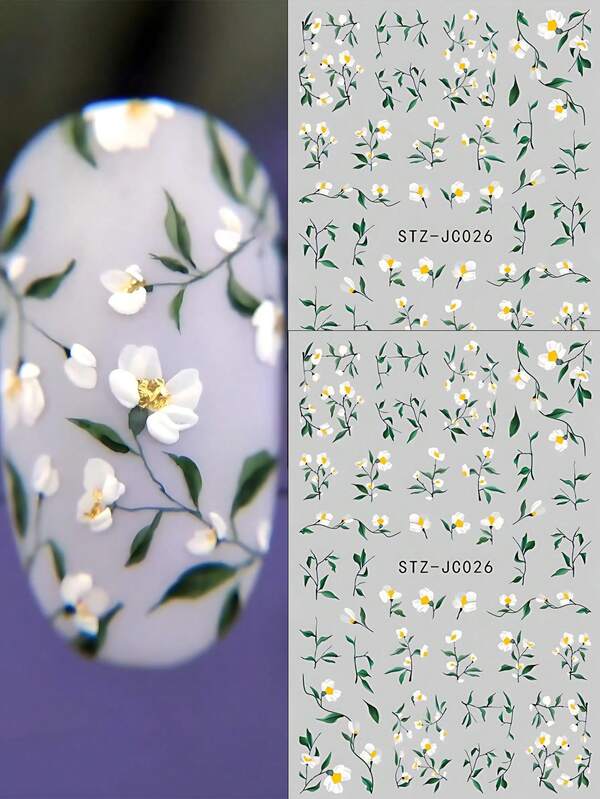 2pcs Mini Jasmine Flower Nail Art Stickers, Elegant Daisy Floral Watercolor Nail Decals, Spring/Summer Japanese Wedding Nail Decoration DIY Nail Supplies Nails