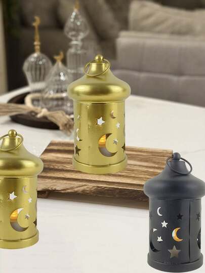 1pc/2pcs Classic Round Metal Candle Holder Lantern, Moon & Star Hollow Out Design, Suitable For Home Decor, Dining Table Setting, Holiday Decoration, Room Decor, Ramadan Candle Holder, Can Be Placed On Tabletop Or Hung