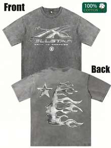 Double-Sided Digital Flame Face Printed T-Shirt With "" Motif Breathable T-Shirt | Avant-Garde Casual Wear 1Pcs Casual Soft Short Sleeve Pure 100% Cotton 220gsm - Xám - Xem 1