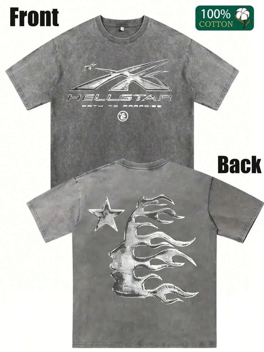 Double-Sided Digital Flame Face Printed T-Shirt With "" Motif Breathable T-Shirt | Avant-Garde Casual Wear 1Pcs Casual Soft Short Sleeve Pure 100% Cotton 220gsm - Xám - Xem 1