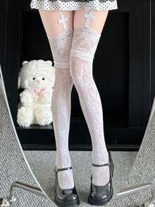 性感十字纹丝袜、性感蕾丝花纹丝袜、超薄镂空丝袜、白色及膝渔网袜、女士白色丝绸 - 彩色 - 查看 3