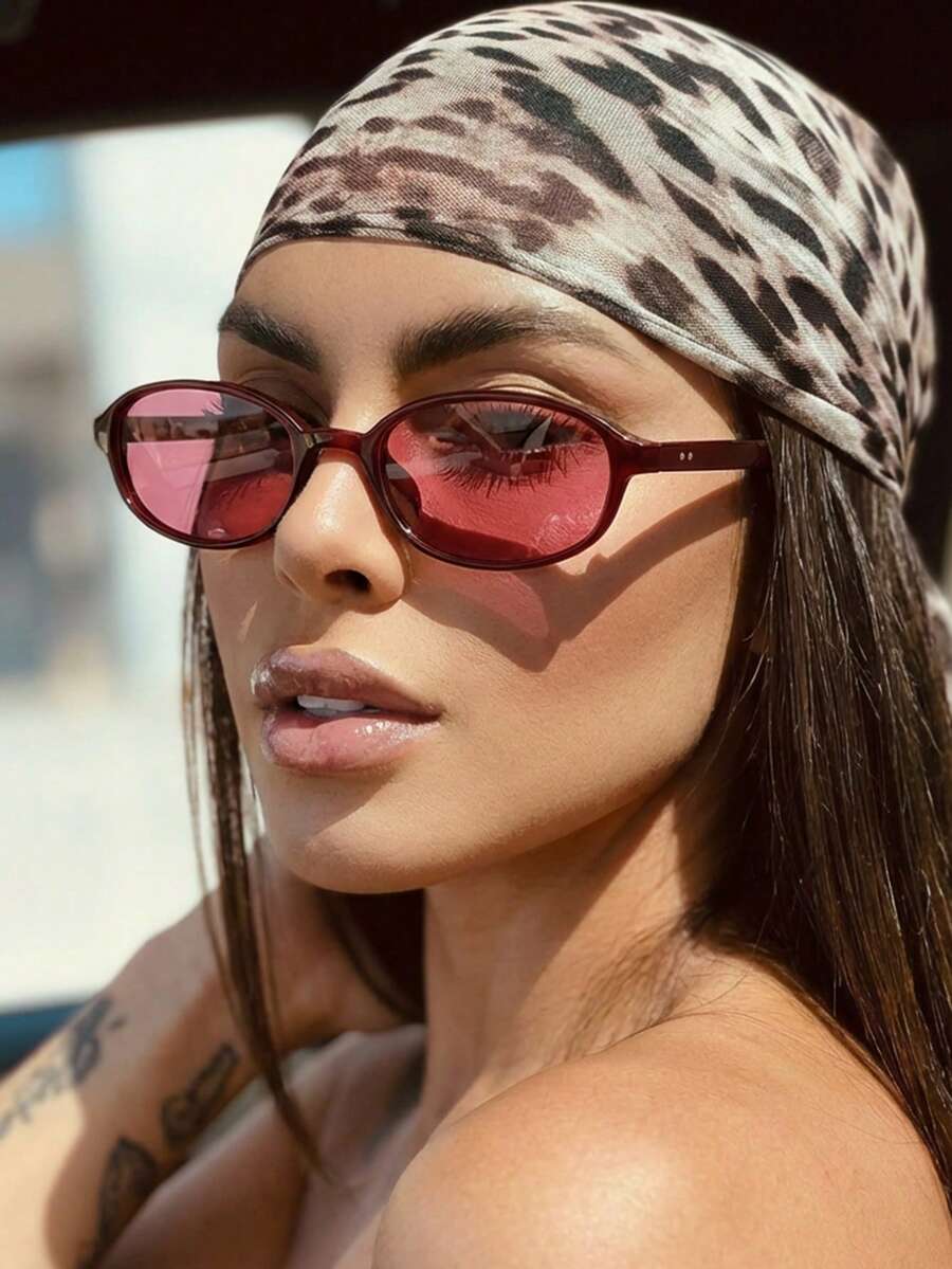 1副女士柿子色椭圆形PC框复古纯色个性化小框时尚眼镜 - 棗紅色 - 查看 1