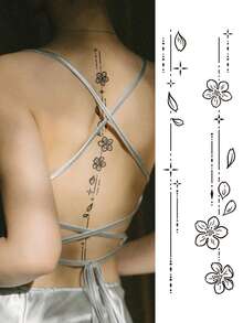 性感线条风格人体彩绘纹身贴纸，适用于背部、腰部、脊柱等部位，图案包括月亮、心形、花朵、几何图形和树叶。防水仿真纹身，可持续2-5天，可贴于手臂、肩膀、胸部、腰部、背部、脊柱和腿部。是节日、婚礼、度假、派对礼物、音乐节、情人节和身体装饰的完美之选。 - 黑色 - 查看 15