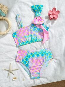 Young Girls Ombre Mermaid Scale Print Tankini Swimwear - Multicolor - View 1