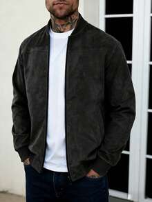 Áo khoác bomber nam màu đen da lộn, khóa kéo toàn thân, cổ đứng, kiểu dáng thường ngày, thích hợp cho mùa xuân và mùa thu, áo khoác đi làm ngoài trời, áo khoác giả da phong cách retro, món quà chất lượng cao dành cho nam giới. - màu đen - Xem 2