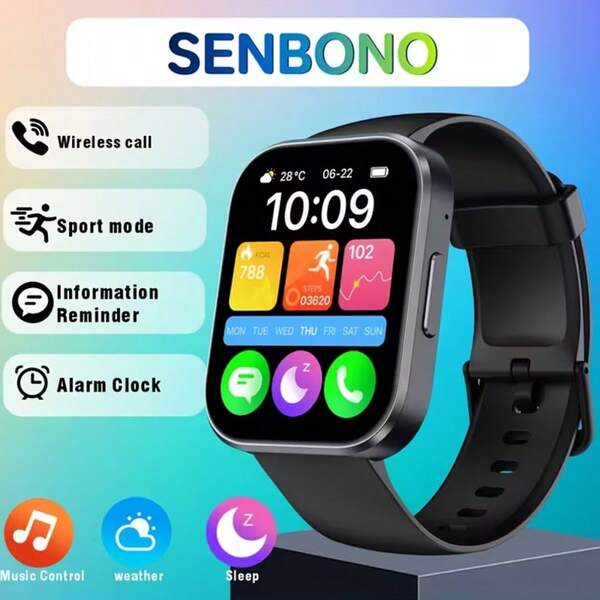  SENBONO Women's Men's Smart Watch With 1.91-Inch Full Touch Color Screen, Highresolution Display,Wireless Calling, Heart Rate Monitoring, Sleep Monitoring,Female Menstrual Cycle Reminder,Music Control, Alarm Clock, Sleep & Weather - Fast Charging, USB-Powered, Battery, Smartwatch For Men And Women, Fitness Tracker,Smart Watch Suitable For IOS And Android