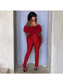 Jumpsuits For Woman Winter Clothes For Women One Piece Jumpsuit Thanksgiving Outfit Women MAO MAO's One-Shoulder Sexy Tight Jumpsuit - 紅色 - 查看 3
